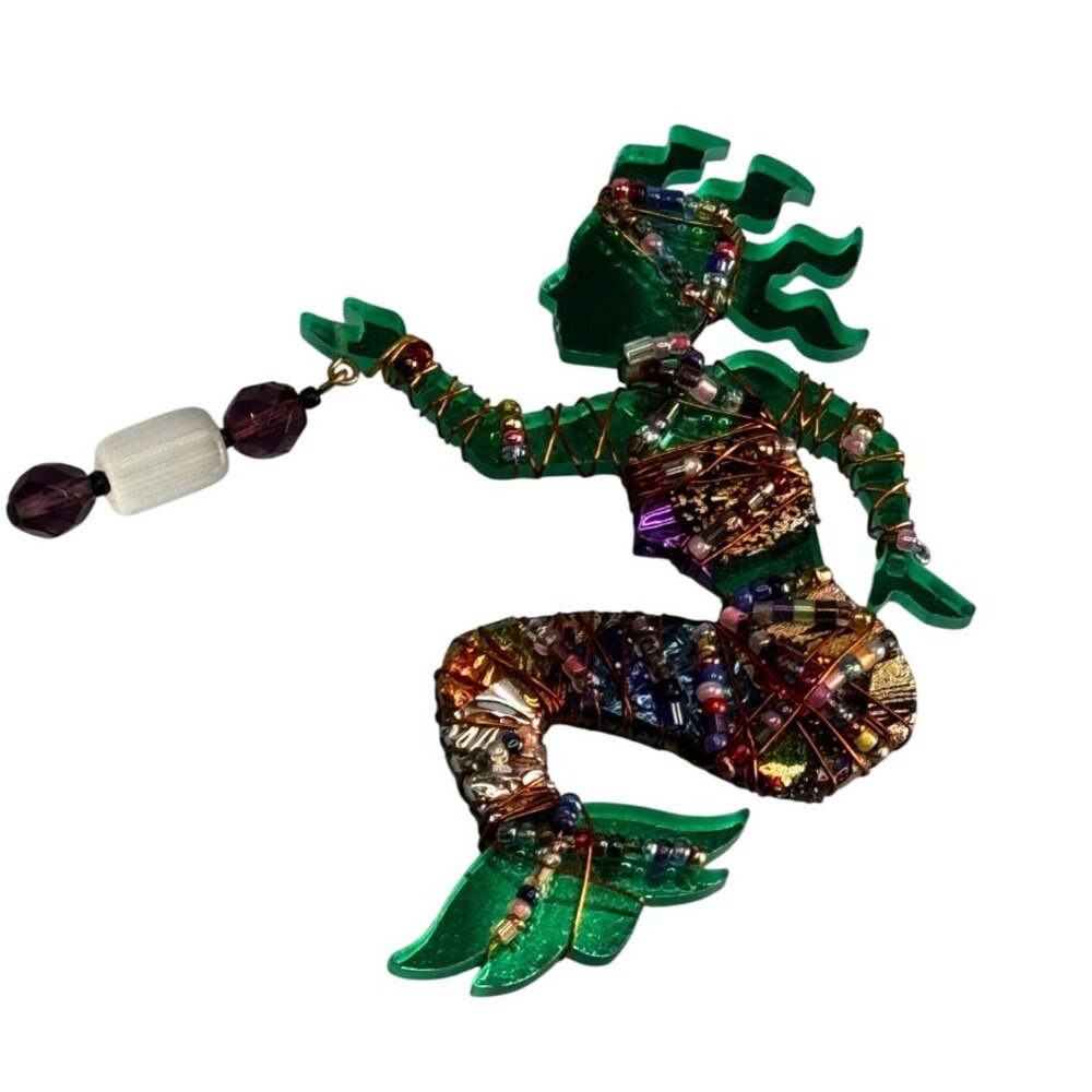 Bent Nicks Mermaid Brooch Signed Wire-Wrapped Beaded Black Lucite 4x2¾ Green - Picture 5 of 6